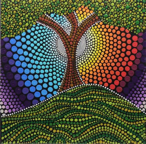 Dot art painting of a tree with rainbow-colored circular canopies made of colorful dots on a green background