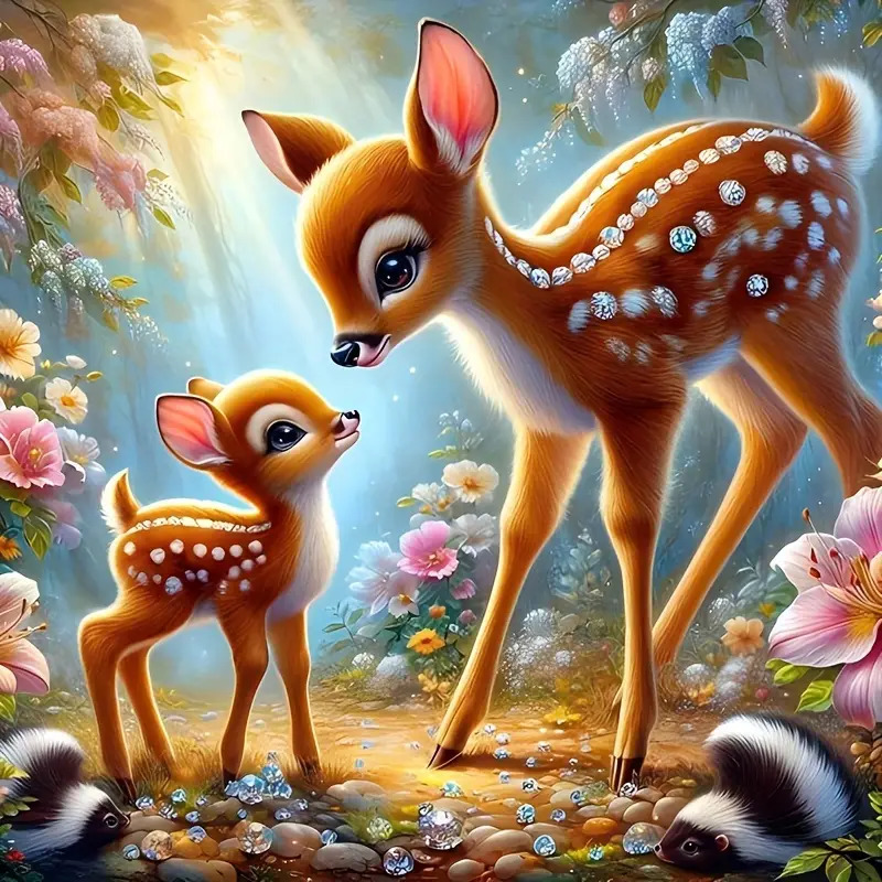 Cartoon deer mother and baby fawn with white spots standing in a flowery meadow with soft lighting
