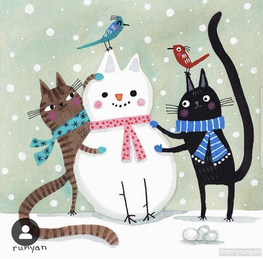 Cats Building Snowman