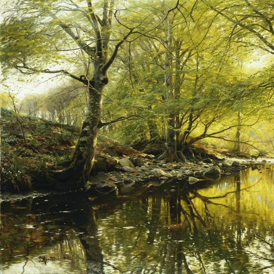 Painting of trees beside a calm river with rocky bank and reflections in the water