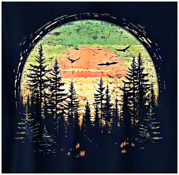 Retro-style illustration of pine trees and birds against a glowing sunset or moon
