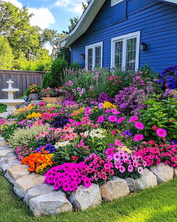 Colorful flower garden with pink and purple blooms beside a blue house