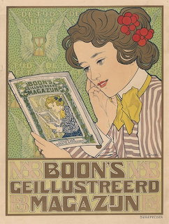 Art nouveau poster of woman with red flowers in hair reading Boon's magazine, vintage Dutch advertisement