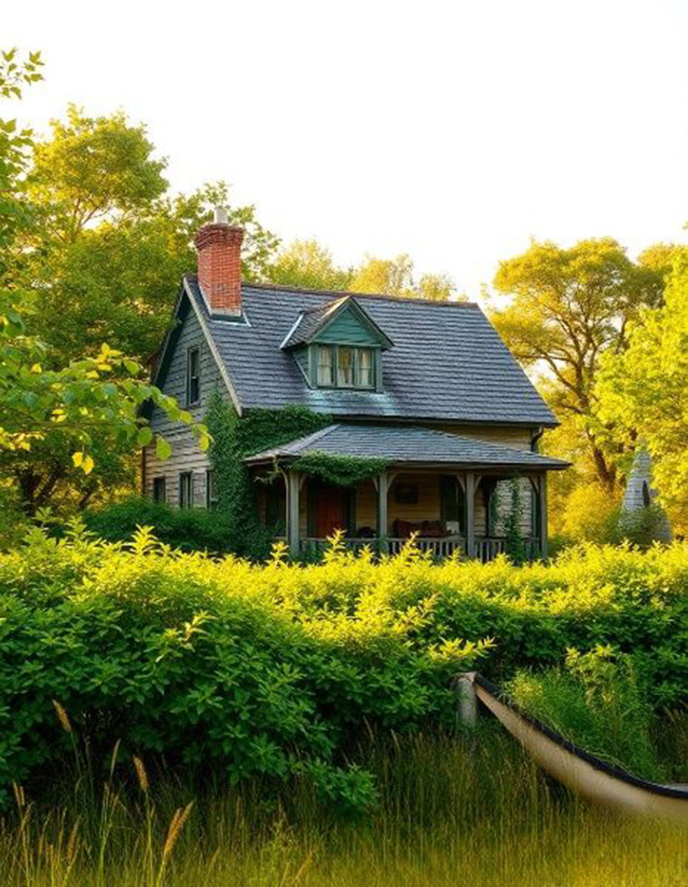 Vintage cottage with flower garden and trees in a quiet countryside scene.