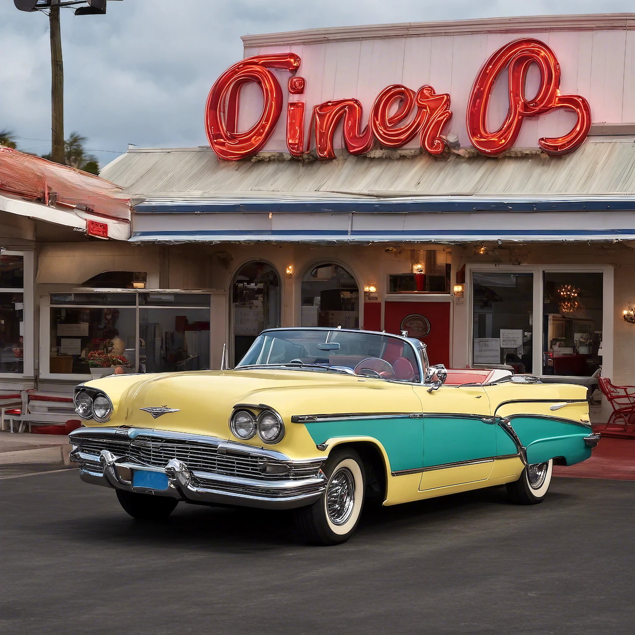 Classic yellow and turquoise convertible parked at vintage diner