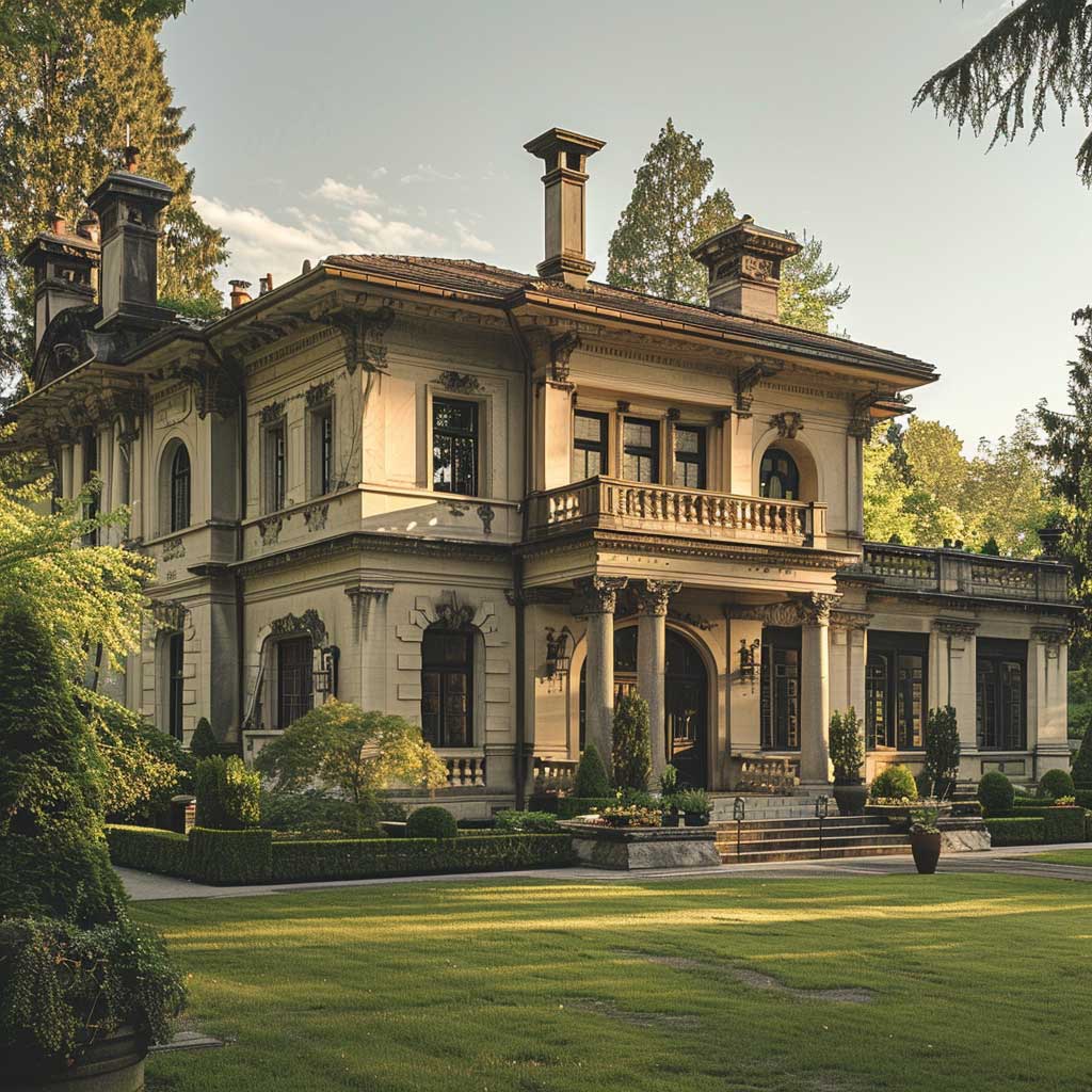 Elegant villa house with columns, balconies, and a green lawn surrounded by trees