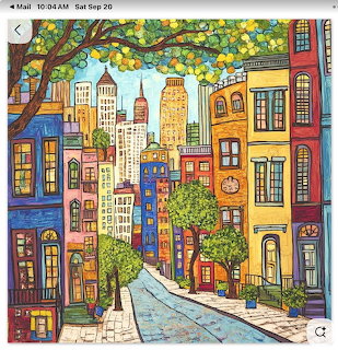 Colorful illustrated city street with tall buildings, trees, and skyscrapers in the distance