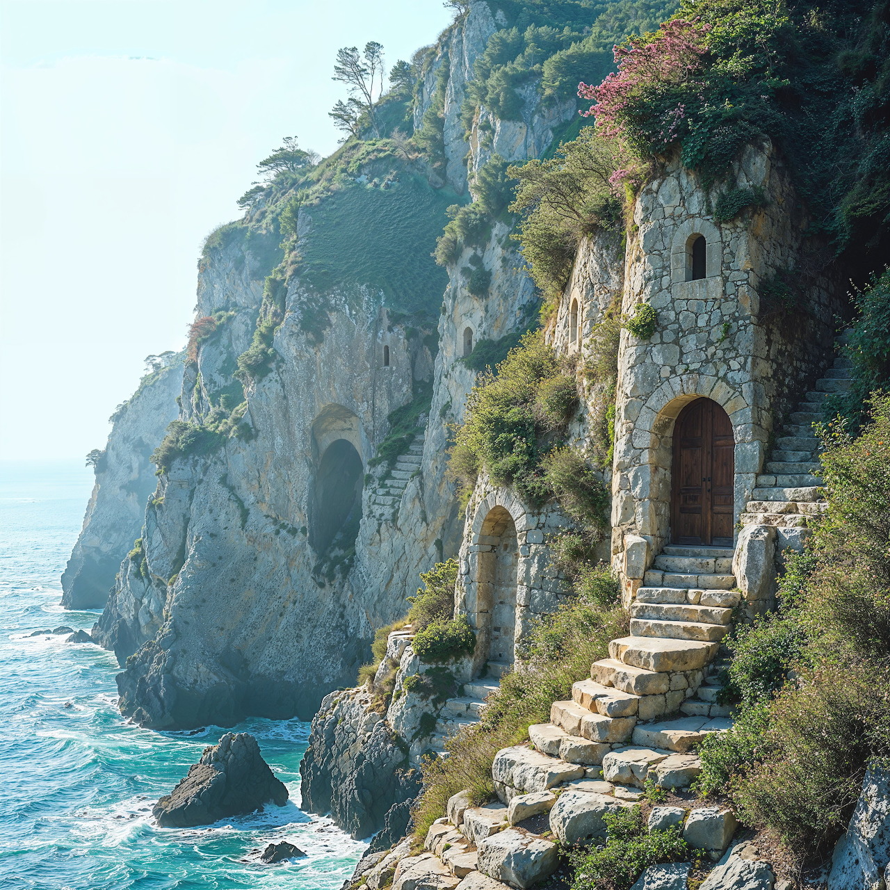 Stone houses and steps carved into a rocky seaside cliff above the ocean