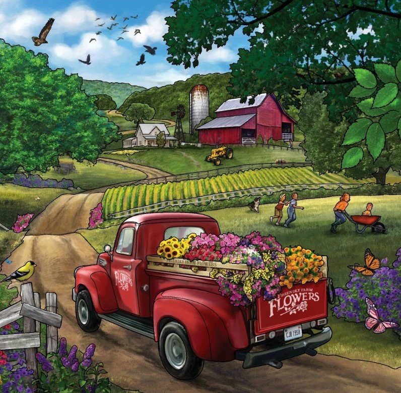 Red vintage truck filled with flowers on a country road with farm buildings and green hills in background