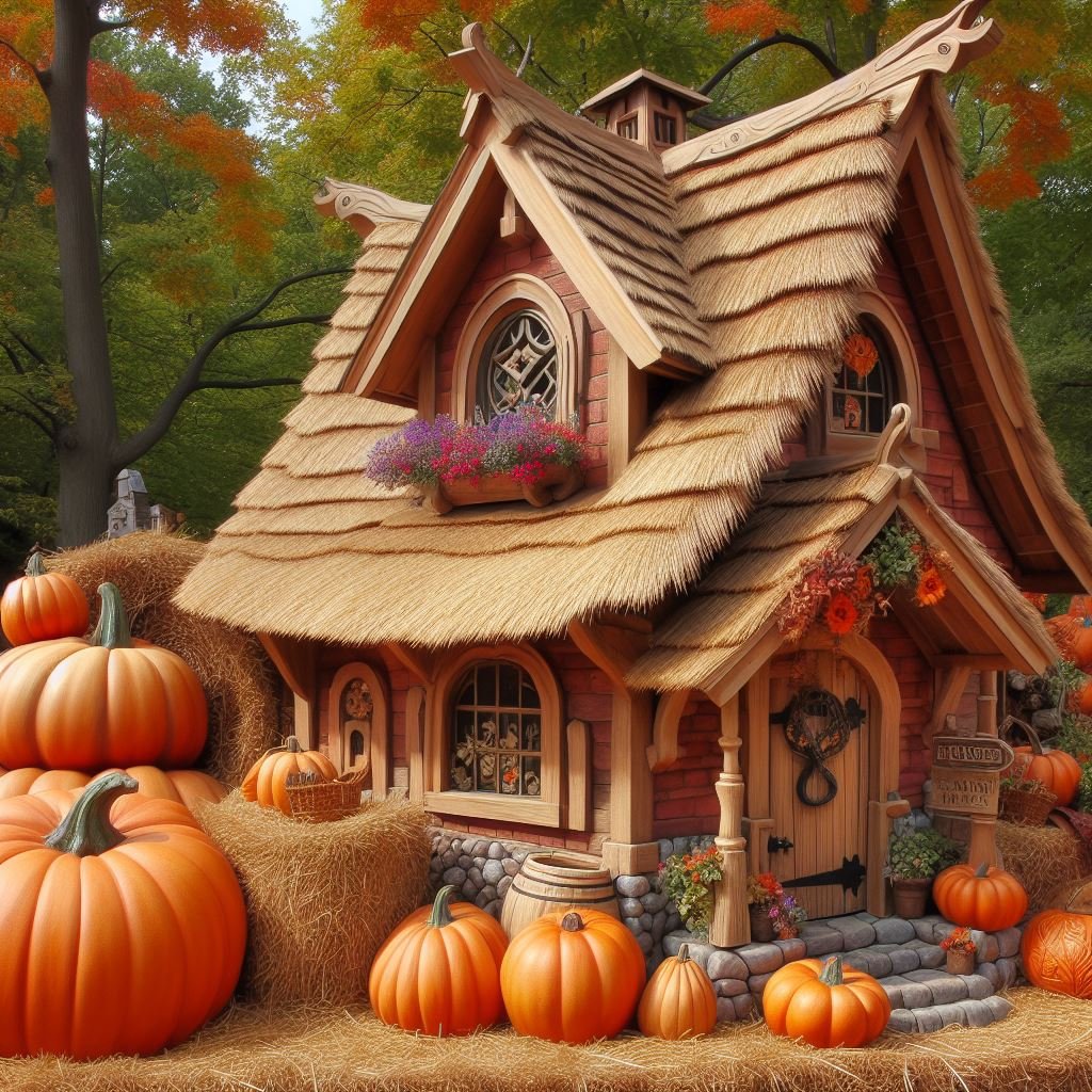 Fantasy cottage with wavy thatched roof surrounded by orange pumpkins and autumn trees