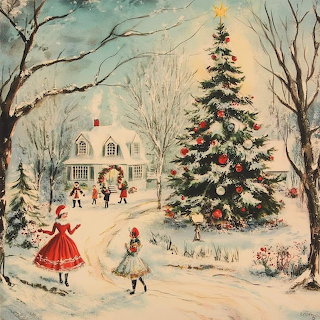 Vintage Christmas Winter Village Scene