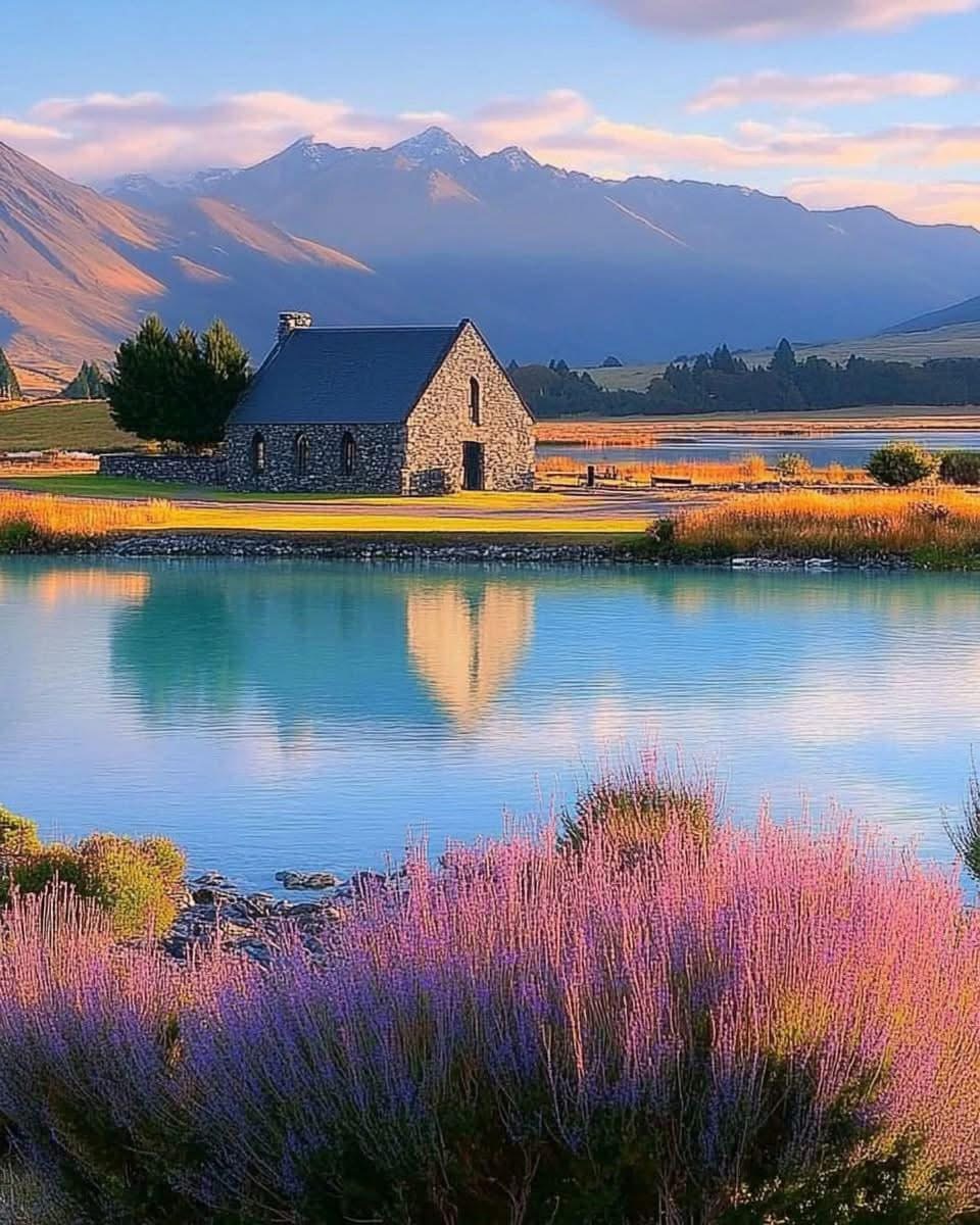 Stone church reflected in turquoise lake with pink lupin flowers and mountains at sunset