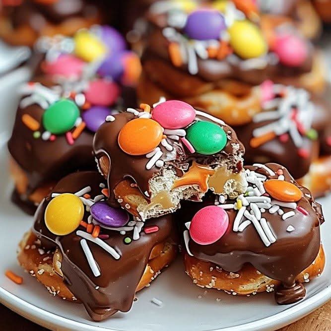 Chocolate covered pretzel bites with colorful candy and sprinkles on a white plate