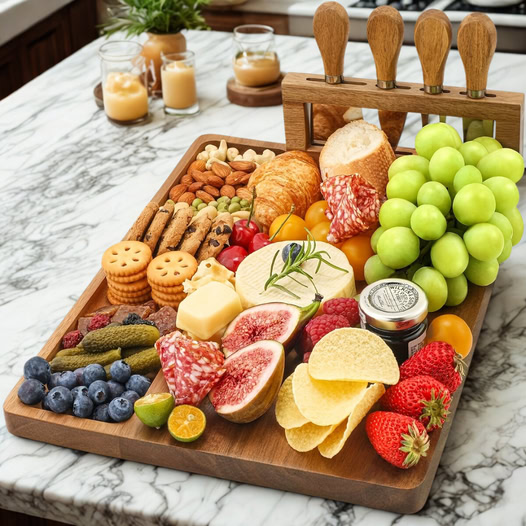 Charcuterie board with cheeses, meats, grapes, figs, crackers and nuts on marble counter
