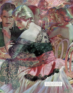 Illustration of elegant woman in pink dress holding black lace fan with man and party guests behind her