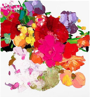 Colorful watercolor painting of flowers in red, pink, purple, orange and yellow with loose brushwork on white background