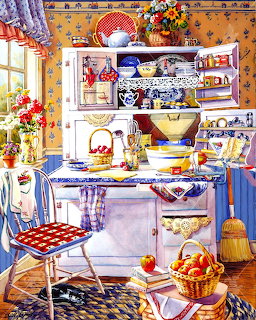Charming country kitchen with white stove, shelves of dishes, checkered table, flowers, apples, and sleeping cat