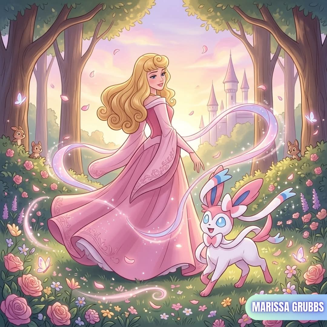 Princess in pink dress with unicorn in magical garden with castle