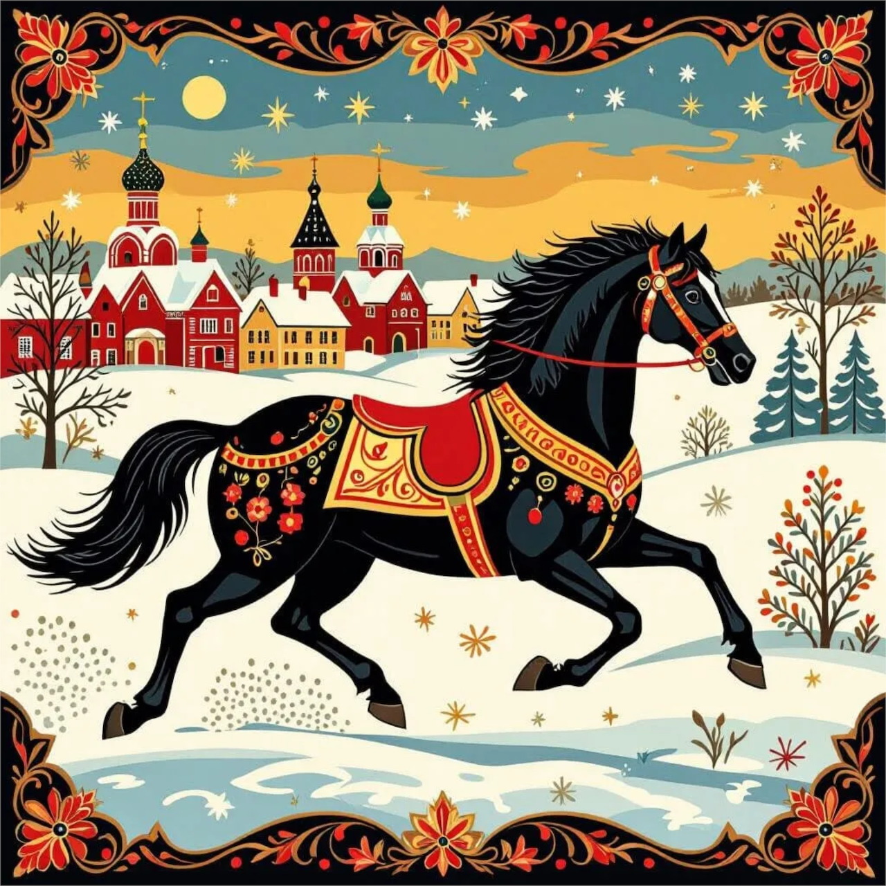 Black horse with decorative saddle running through snowy village with colorful buildings in folk art style