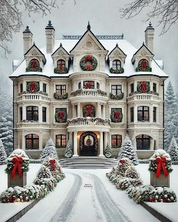 Victorian mansion with Christmas wreaths on windows and decorated with garlands in snow