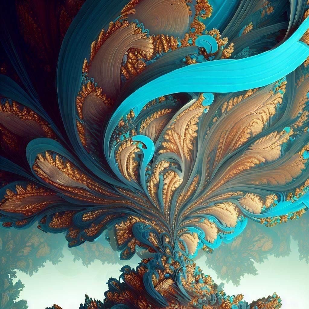 Abstract digital fractal artwork with turquoise curves and bronze feather-like swirls