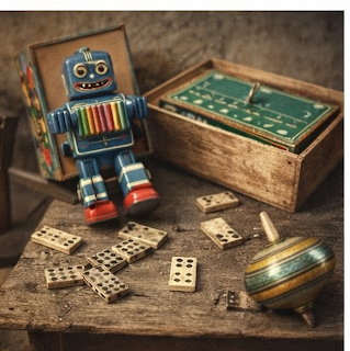 Vintage robot toy with dominoes, spinning top, and old game box on a wooden table