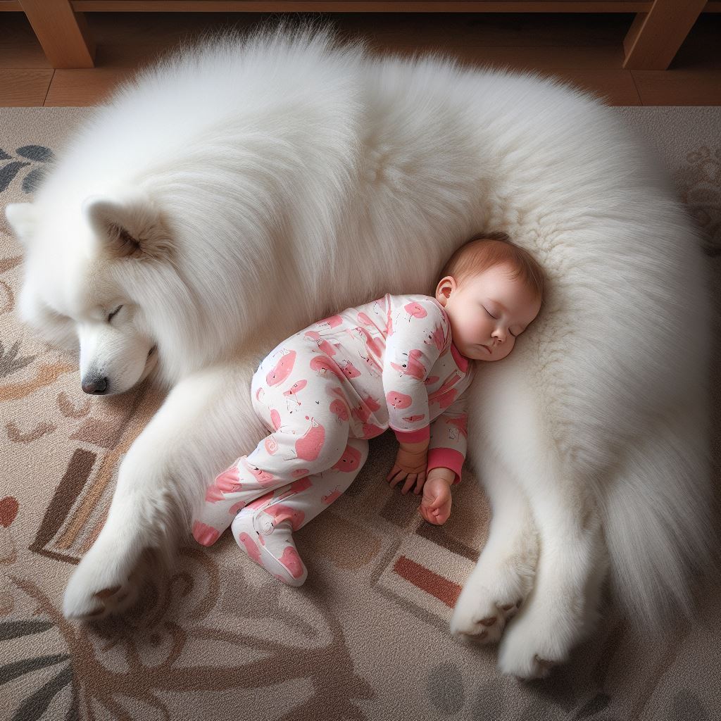 Baby in pink pajamas sleeping on large white fluffy dog on patterned floor