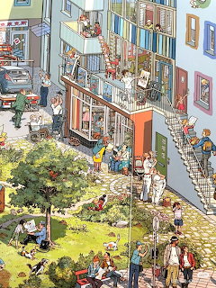 Colorful illustrated apartment building with balconies, people, trees, and courtyard activity