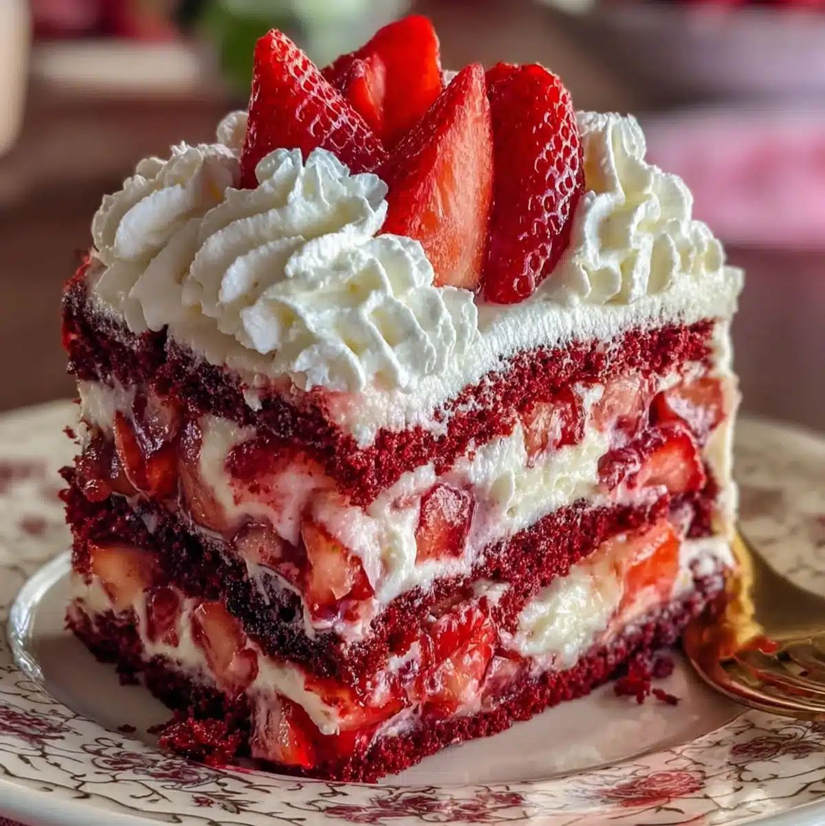 Slice of red velvet cake with cream frosting and fresh strawberries on decorative plate