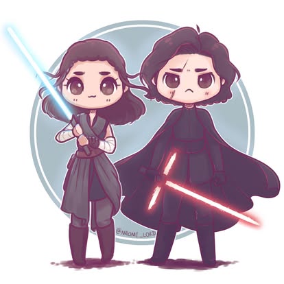 Chibi illustration of two characters with lightsabers in Star Wars style robes