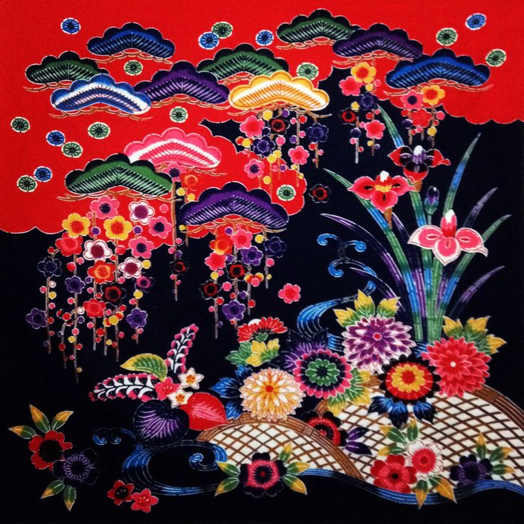Japanese-style fabric pattern with colorful flowers and cloud motifs on red and black background