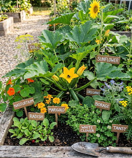 Vegetable garden with zucchini plant surrounded by companion flowers with wooden plant labels