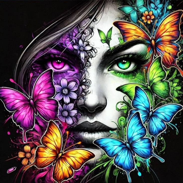 Portrait of woman with green eyes surrounded by colorful butterflies in pink, blue, yellow, and purple