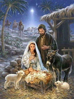 Nativity scene painting with Mary, Joseph, infant Jesus, lambs, donkey under night sky with Star of Bethlehem