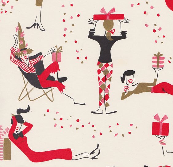 Vintage wrapping paper illustration with stylized people and gift boxes on a cream background