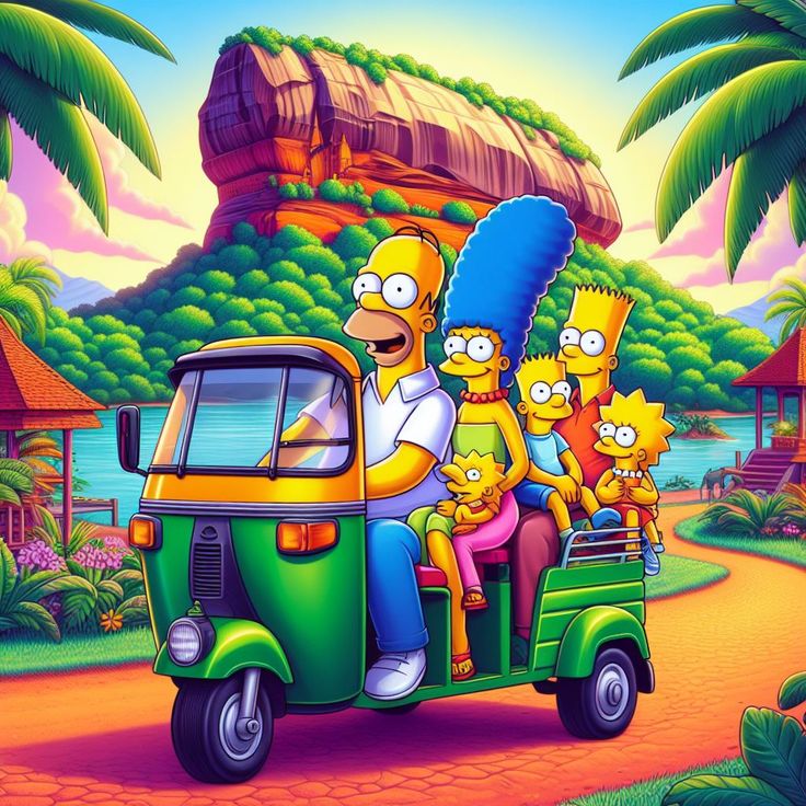 Simpsons family in a green tuk-tuk on a tropical island with palm trees and waterfalls