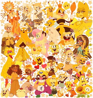 Colorful collage of yellow and orange cartoon characters from various animated series and video games