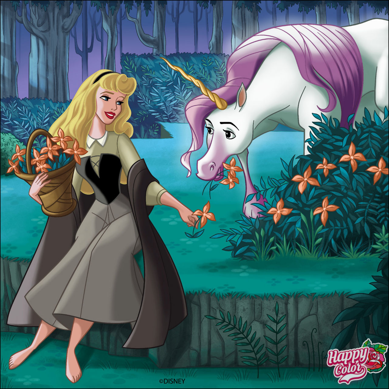 Princess Aurora in gray dress with blonde hair, white horse, and small animals in enchanted forest with flowers