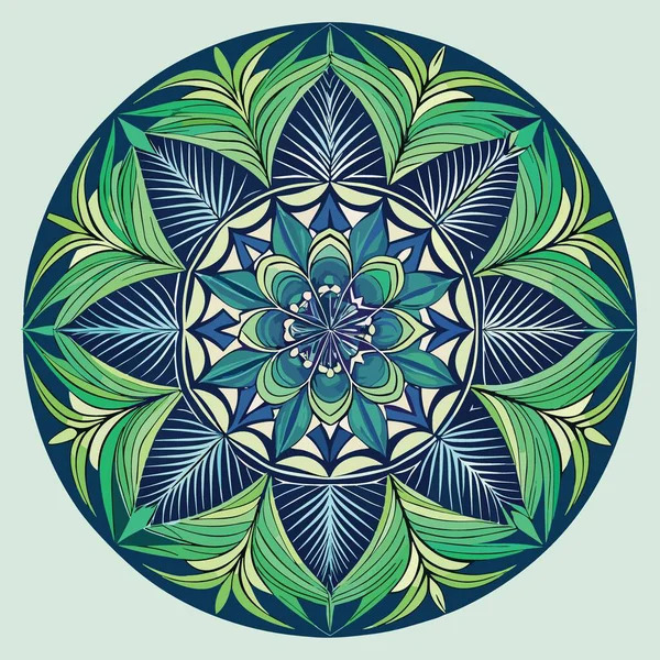 Circular mandala with radiating blue and green leaf patterns in symmetrical design