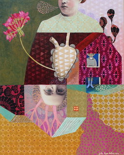 Surreal collage with vintage woman portrait, flowers, geometric patterns and whimsical objects