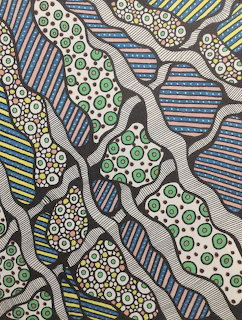 Abstract tribal pattern with dotted and lined shapes in green, blue, yellow, and black