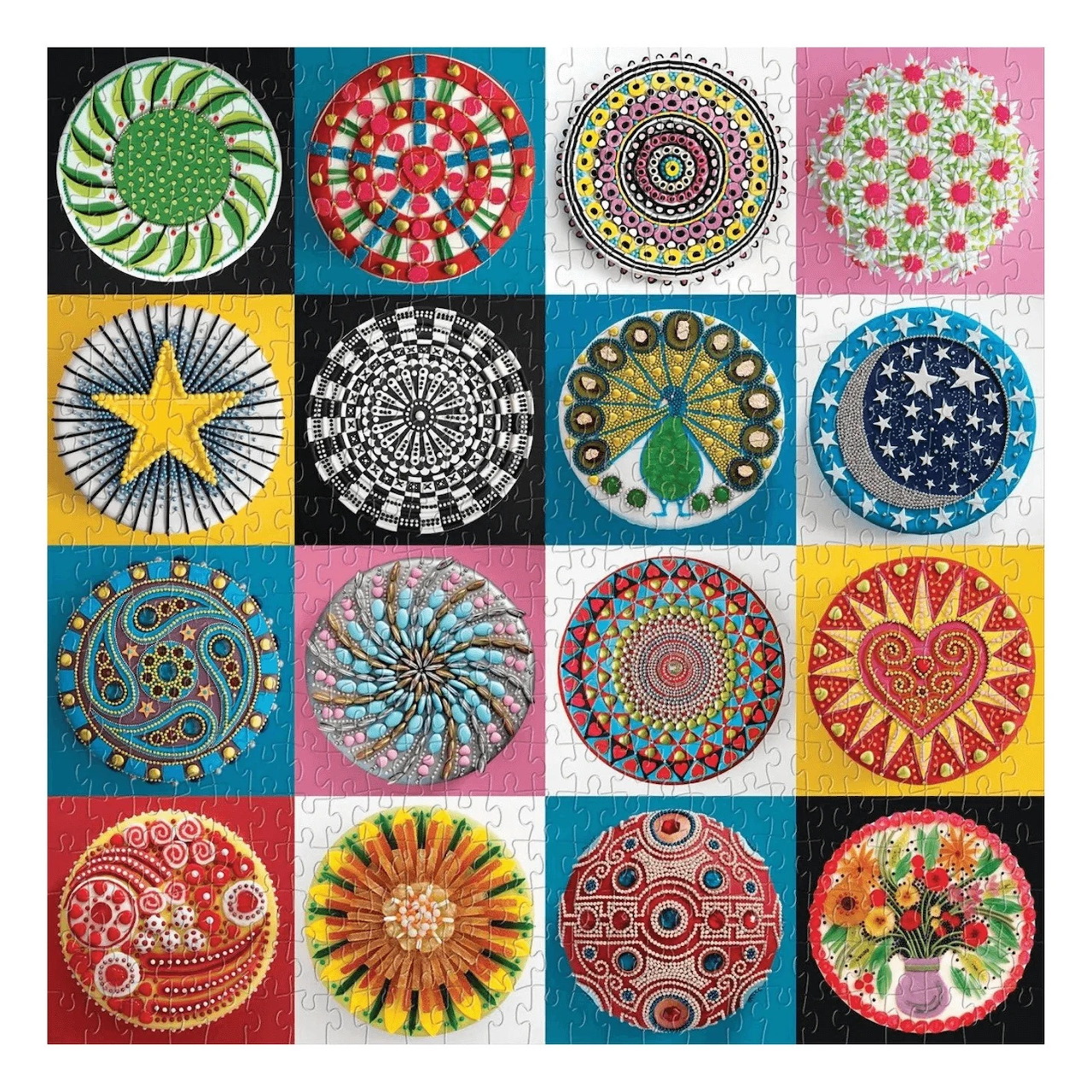 Grid of 16 colorful circular mandala designs with intricate patterns on various colored backgrounds