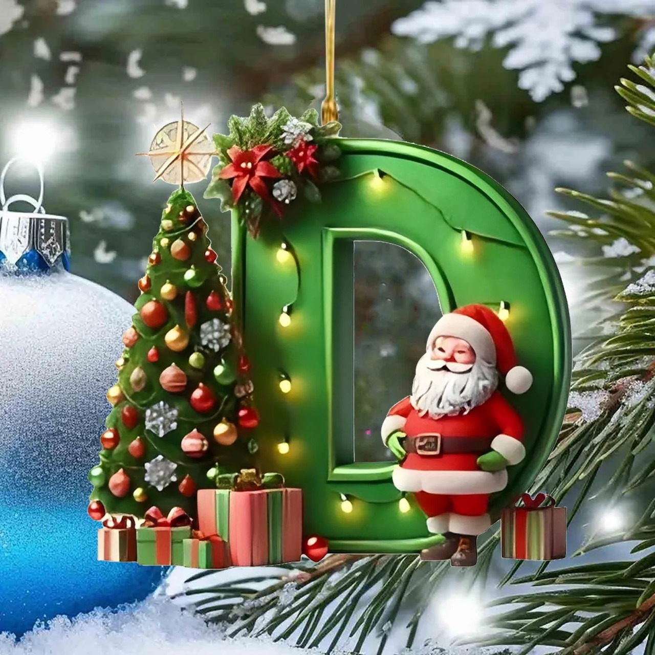 Green letter D ornament with Santa, Christmas tree, gifts, and snowy holiday decorations