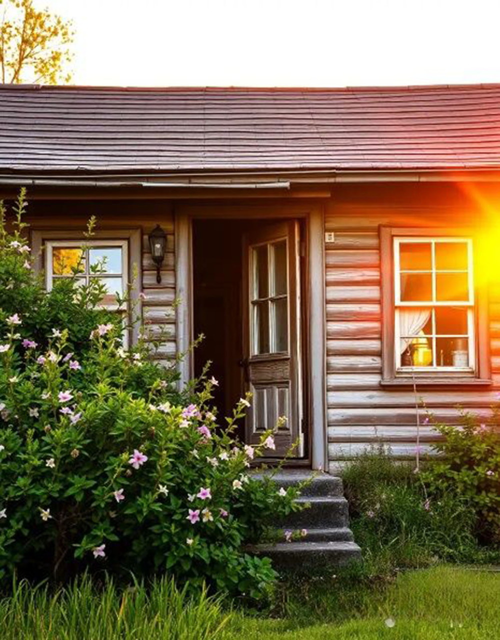 Rustic log cabin with pink flowers and glowing sunset light through the window