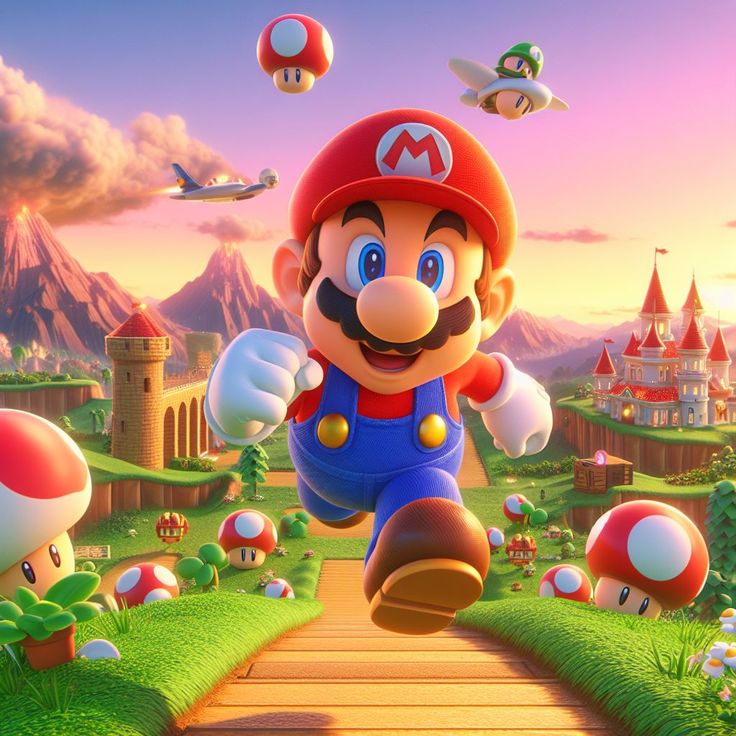 Mario running on a path in a colorful fantasy world with mushrooms, mountains, and a castle