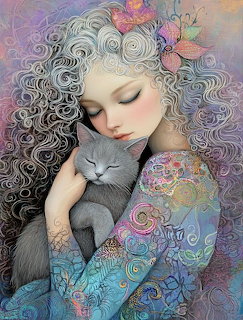 Painting of a curly-haired girl hugging a gray cat