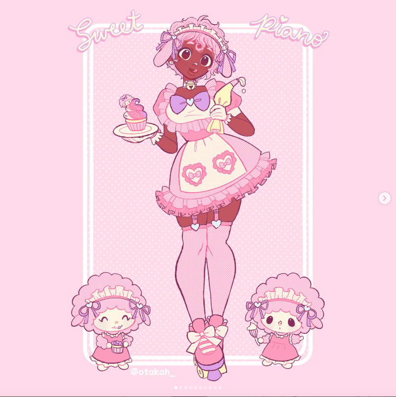 Pink illustration of Sweet Piano dressed as a maid holding a dessert tray, with two small matching characters below