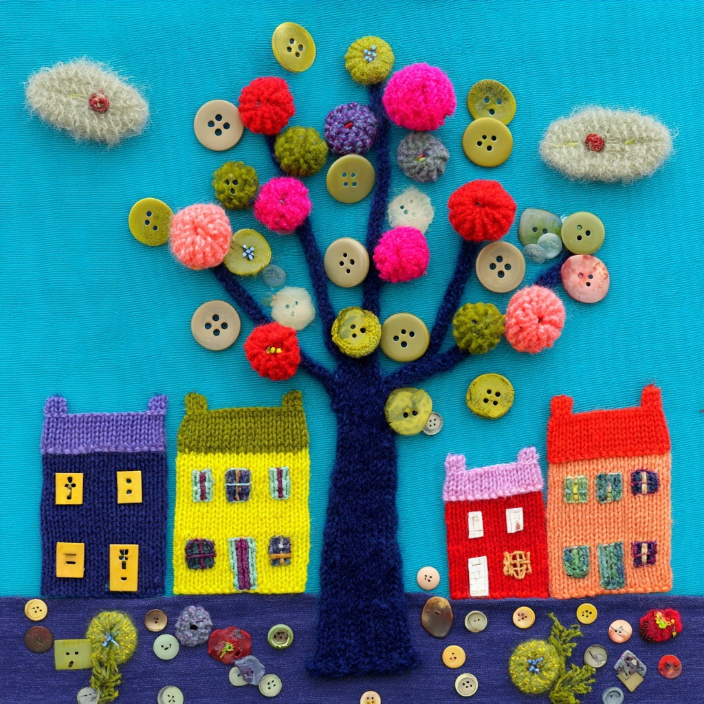 Colorful button art with small fabric houses, buttons forming trees, and pom-poms on blue background