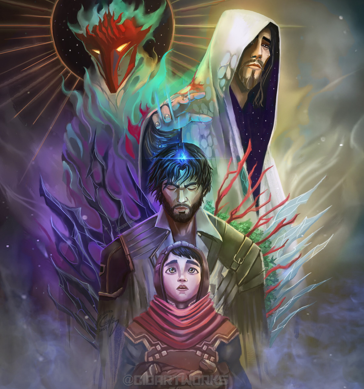 Fantasy artwork of three figures with glowing blue and purple magic and a red spirit above