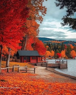 Lakeside cabin with vibrant red and orange fall trees reflecting on water